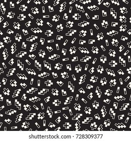 Seamless primitive jumble minimalism patterns. Randomly scattered geometric shapes. Abstract retro backgroun