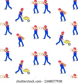 Seamless primitive pattern with Construction Worker character in various poses white background. Flat Art Vector illustration