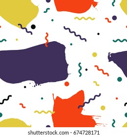 Seamless primitive patterns in memphis style. Trendy elements in bright colors. Hipsters ornament. Simple print repeating texture. Modern colorful swatch. Isolated vector illustration.