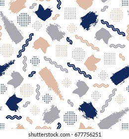 Seamless primitive patterns in memphis style. Trendy elements in soft palette. Hipsters ornament. Simple print repeating texture. Modern colorful swatch. Isolated vector illustration.