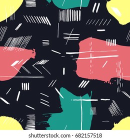 Seamless primitive patterns in memphis style. Trendy elements in bright colors. Hipsters ornament. Simple print repeating texture. Modern colorful swatch. Isolated vector illustration.