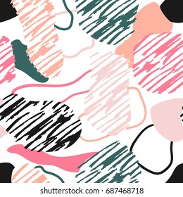 Seamless primitive patterns in memphis style. Trendy elements in bright colors. Hipsters ornament. Simple print repeating texture. Modern colorful swatch. Isolated vector illustration.