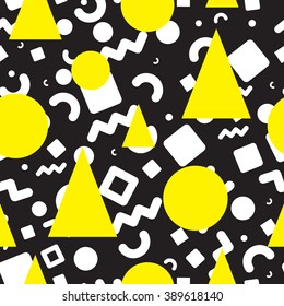 Seamless primitive patterns of minimalism, the era  80 - 90's years memphis design style. Randomly scattered geometric shapes