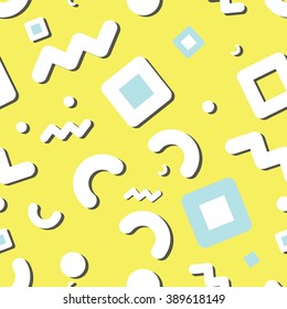 Seamless primitive patterns of minimalism, the era  80 - 90's years memphis design style. Randomly scattered geometric shapes