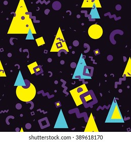 Seamless primitive patterns of minimalism, the era  80 - 90's years memphis design style. Randomly scattered geometric shapes