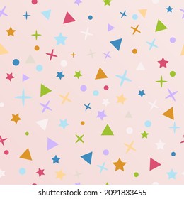 Seamless primitive patterns with triangles, stars, circleson pink background. Vector illustration. For wallpaper, menu, birthday party invitation, tissue etc.