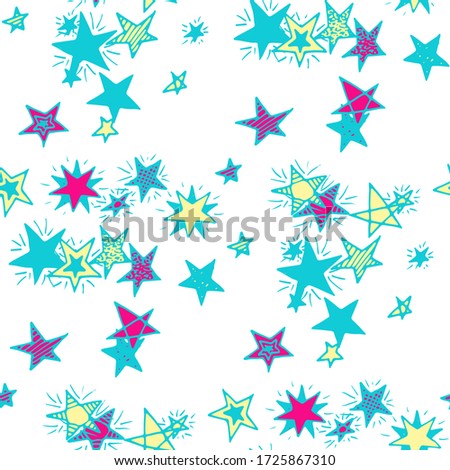 Seamless Primitive Stars. Childish Background for Print, Decoration or Card. Doodle Background with Stars. Colorful Starry Stripes in Simple Style. Cute Doodle Pattern. Seamless Pattern for Children.