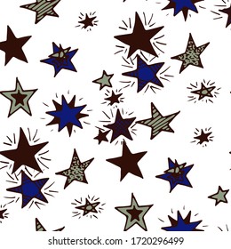 Seamless Primitive Stars. Colorful Starry Stripes in Simple Style. Doodle Background with Stars. Childish Background for Print, Decoration or Card. Cute Doodle Pattern. Seamless Pattern for Children.