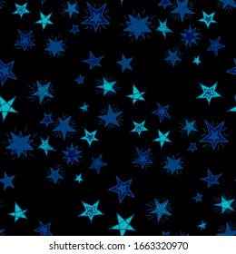 Estrellas Primitivas impecables. Patrón de Doodle. Coloridas franjas estrelladas de estilo sencillo. Fondo de Doodle con estrellas. Fondo infantil para impresión, decoración o tarjeta. Patrón sin problemas para los niños.