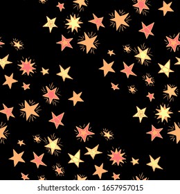 Seamless Primitive Stars. Doodle Background with Stars. Childish Background for Print, Decoration or Card. Cute Doodle Pattern. Colorful Starry Stripes in Simple Style. Seamless Pattern for Children.