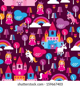 Seamless princess castle and horse rainbow retro kids background pattern in vector 