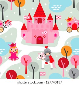 Seamless princess castle and horse retro kids background pattern in vector