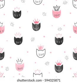 Seamless princess cats pattern. Vector watercolor background for kids design.