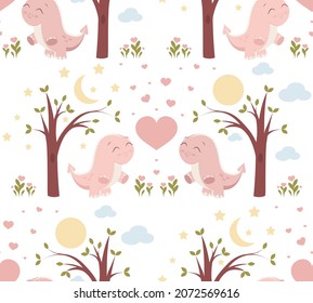 Seamless princess dinosaur animal pattern vector illustration. Cute doodle childish design.