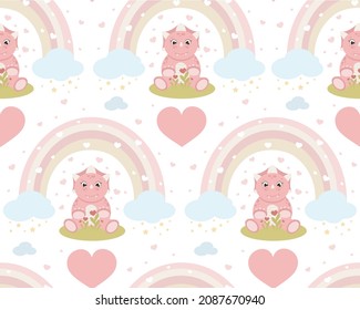 Seamless princess dinosaur animal pattern vector illustration. Cute doodle childish design.