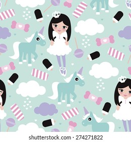 Seamless princess lollipop candy clouds and unicorn fantasy illustration pattern for girls background pattern in vector