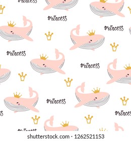 Seamless princess pattern. Baby print with cute pink whales.