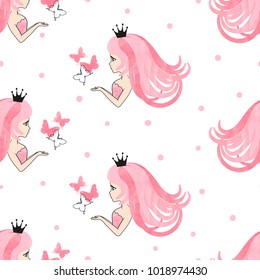 Seamless princess pattern with beautiful girls and butterflies.