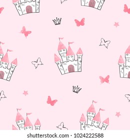 Seamless Princess Pattern With Castle And Butterflies.