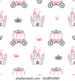 Seamless princess pattern with castles, crowns and carriages. Vector background.