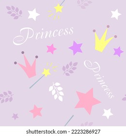 seamless princess pattern. cool fashionable lilac pattern for girls. vector illustration of the crown of the magic leaf of the star.cool party for girls. pastel background for fabric,wallpaper,clothes