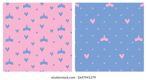 Seamless princess pattern with crowns, hearts, and dots. Pastel design in pink and blue. Cute and minimal for wrapping paper, fashion textile, girl clothes, kids decor, party supplies.