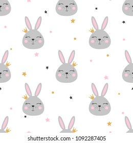 Seamless princess pattern with cute bunnies.