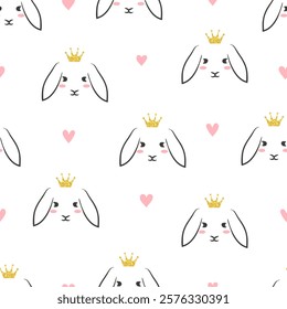 Seamless princess pattern with cute bunnies. Baby rabbit print