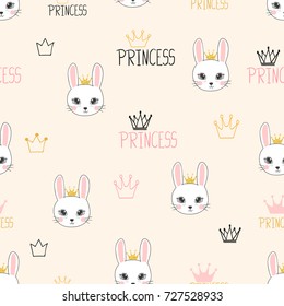 Seamless princess pattern with cute bunnies.
