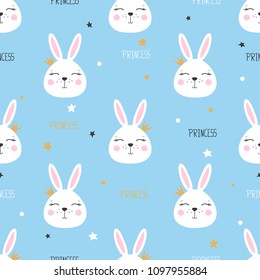 Seamless princess pattern with cute bunny on blue background.