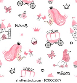 Seamless Princess pattern with cute girls, castles and carriages. Vector background.