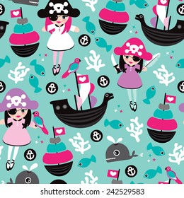 Seamless princess pirate coral fish and little cute whale illustration background pattern in vector