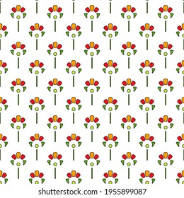 Nahtlos gedruckt von abstrakten Blumen in Rot, Gelb und Grün. Geometrisches Muster auf weißem Hintergrund. Ideal für die Dekoration von Stoffen, Textilien, Geschenkverpackungen, gedruckten Materialien, Werbung.