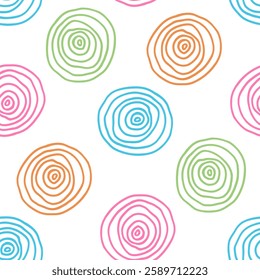 Seamless print with abstract large spots of hand-drawn colored spiral circles on a white background. Repeat print for wallpaper, backdrops, covers. Rounded elements for ornament for fabric, textiles.
