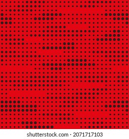 seamless print abstraction from krgs of different shapes. black circles on a red background. mesh of circles for clothing or print or background