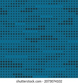 seamless print abstraction from krgs of different shapes. black circles on a blue background. mesh of circles for clothing or print or background