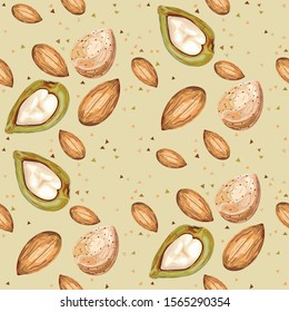 Seamless print with almonds. Background with nuts. Wallpaper, print, wrapping paper, modern textile design, banner, poster. Vector illustration.