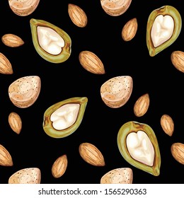 Seamless print with almonds. Background with nuts. Wallpaper, print, wrapping paper, modern textile design, banner, poster. Vector illustration.