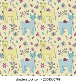 Seamless print. Alpaca and flowers. Yellow, blue, pink. Vector.