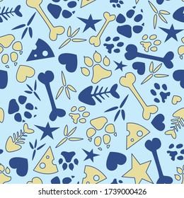 Seamless print of animal footprints from paws and food. Footprints of cats, dogs, birds, bones
