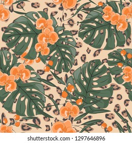 Seamless print of animal skin leopard and tropical plants. Seamless pattern painted by hand. Hand-drawing of animal skin and tropical plants. Vector illustration.