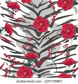 Seamless print of animal skin tiger and tropical plants. Seamless pattern painted by hand. Hand-drawing of animal skin and tropical plants. Vector illustration.