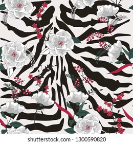 Seamless print of animal skin zebra and tropical plants. Seamless pattern painted by hand. Hand-drawing of animal skin and tropical plants. Vector illustration.