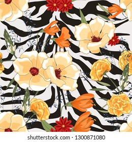 Seamless print of animal skin zebra and tropical plants. Seamless pattern painted by hand. Hand-drawing of animal skin and tropical plants. Vector illustration.