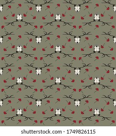 Seamless print with beige background illustrate red flowers and skull head of deer