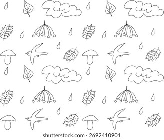 Seamless print of a black abstract pattern of doodle-style shapes on a white background