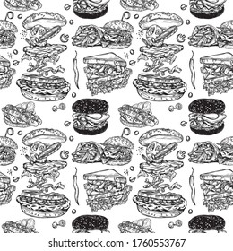 Seamless print of burgers and sandwiches. Print for packaging, fabrics, menus and printing.