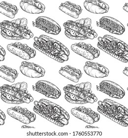 Seamless print of burgers and sandwiches. Print for packaging, fabrics, menus and printing.