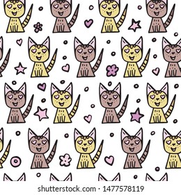 Seamless print with a cat in love with hearts instead of eyes. Cats of yellow and cinnamon color, against the background of flowers, balls of dots and hearts. Gingerbread Cookies. print for children's