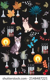 Seamless print with cats that host in a chemical laboratory and synthesize butterflies, flowers, leaves. Beautiful decorative pattern for bed linen, fabric, wallpaper on a black background in vector.